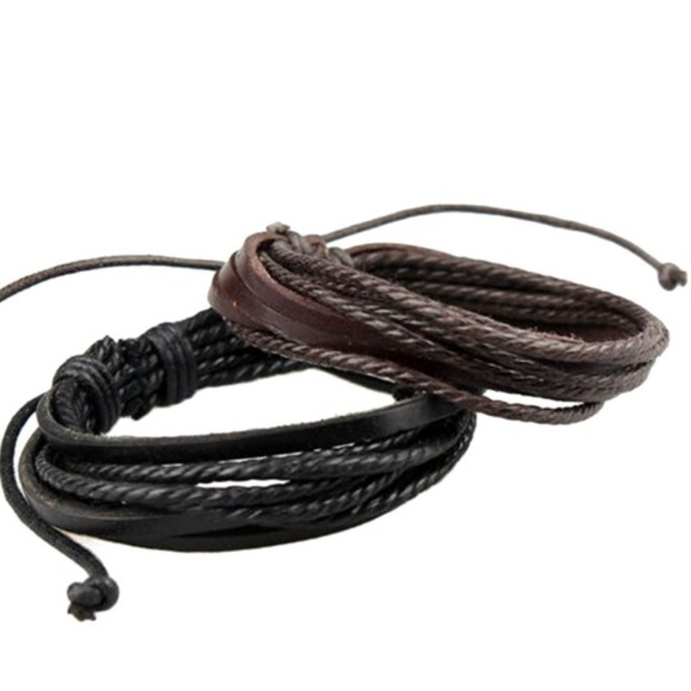 Brown or Black Unisex Layered Leather Tie Bracelet - Picture 3 of 8